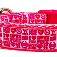 I Love Pink dog collar handmade adjustable buckle collar 5/8" wide or leash Petcollarshandmade