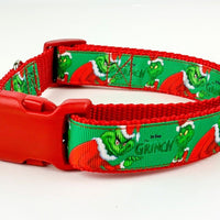 The Grinch dog collar handmade adjustable buckle 1" or 5/8" wide or leash Xmas Petcollarshandmade