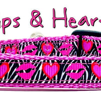 Lips & Hearts cat or small dog collar 1/2"wide adjustable handmade bell or leash