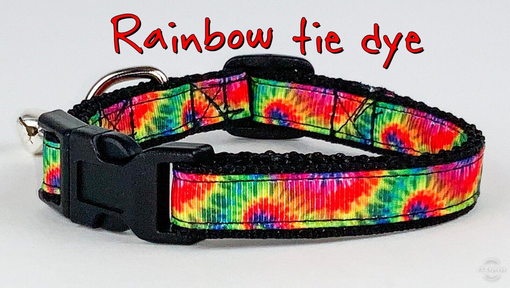 Rainbow Tie Dye cat or small dog collar 1/2" wide adjustable with bell or leash