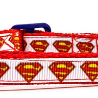 Superman cat or small dog collar 1/2" wide adjustable handmade bell leash - Furrypetbeds