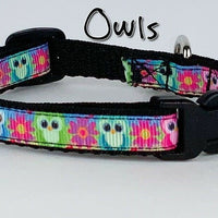 Owls cat or small dog collar 1/2" wide adjustable buckle handmade bell or leash - Furrypetbeds