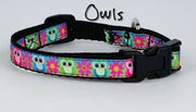 Owls cat or small dog collar 1/2" wide adjustable buckle handmade bell or leash - Furrypetbeds