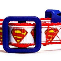 Superman cat or small dog collar 1/2" wide adjustable handmade bell leash - Furrypetbeds