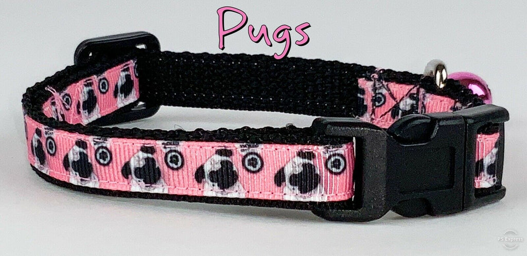 Pugs  cat & small dog collar 1/2" wide adjustable handmade bell Or leash - Furrypetbeds