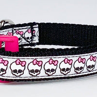 Skulls cat or small dog collar 1/2" wide adjustable handmade bell or leash