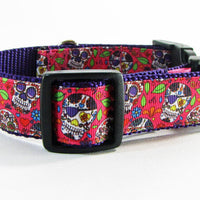 Sugar Skulls dog collar handmade adjustable buckle collar 1" wide or leash Petcollarshandmade