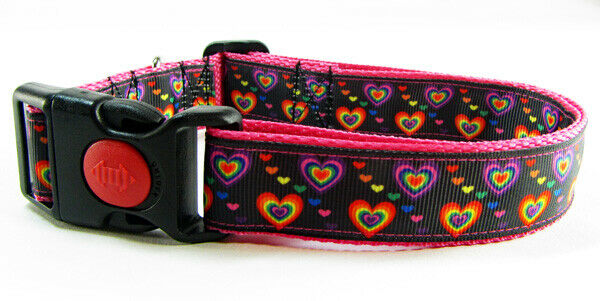 Rainbow Hearts dog collar handmade adjustable buckle collar 1" wide leash fabric - Furrypetbeds