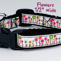 Flowers cat or small dog collar 1/2" wide adjustable handmade bell or leashes Petcollarshandmade