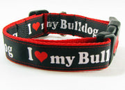 I Love My Bulldog dog collar Handmade adjustable buckle collar 1"wide or leash - Furrypetbeds