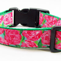 Roses dog collar handmade adjustable buckle collar 1" wide pink or leash Petcollarshandmade