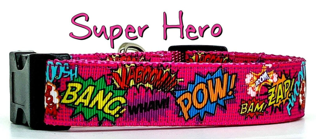 Super Hero pink dog collar handmade adjustable buckle 1"or 5/8" wide or leash