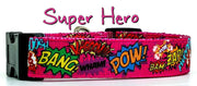 Super Hero pink dog collar handmade adjustable buckle 1"or 5/8" wide or leash Petcollarshandmade