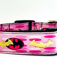 Batgirl dog collar handmade adjustable buckle collar 1" wide or leash pink