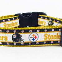 Steelers dog collar handmade adjustable buckle football 1" or 5/8" wide or leash