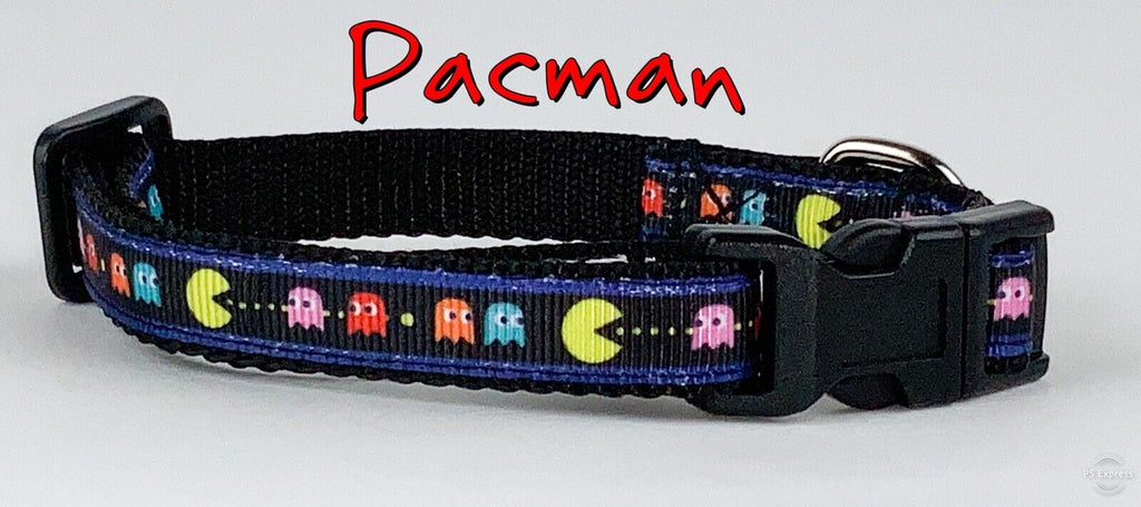 PacMan cat or small dog collar 1/2" wide adjustable handmade bell or leash Petcollarshandmade