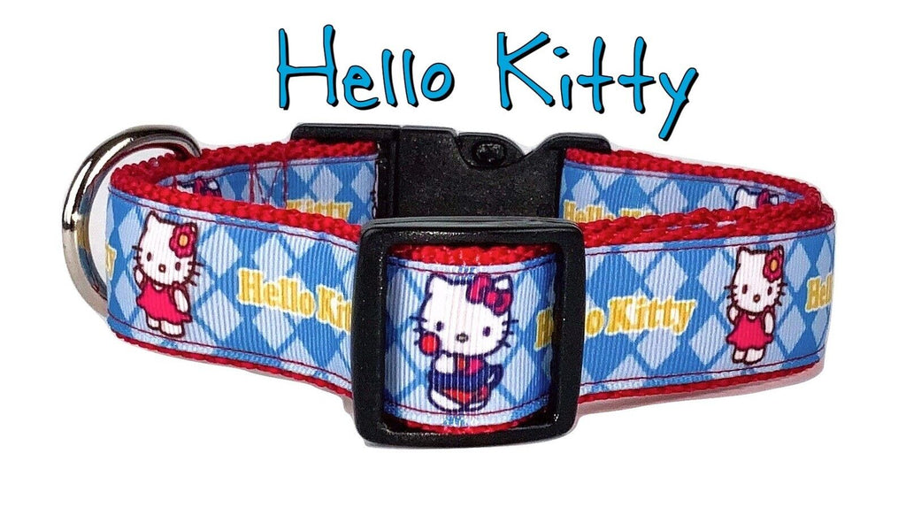Hello Kitty dog collar, handmade, adjustable, buckle collar, 1" wide or leash