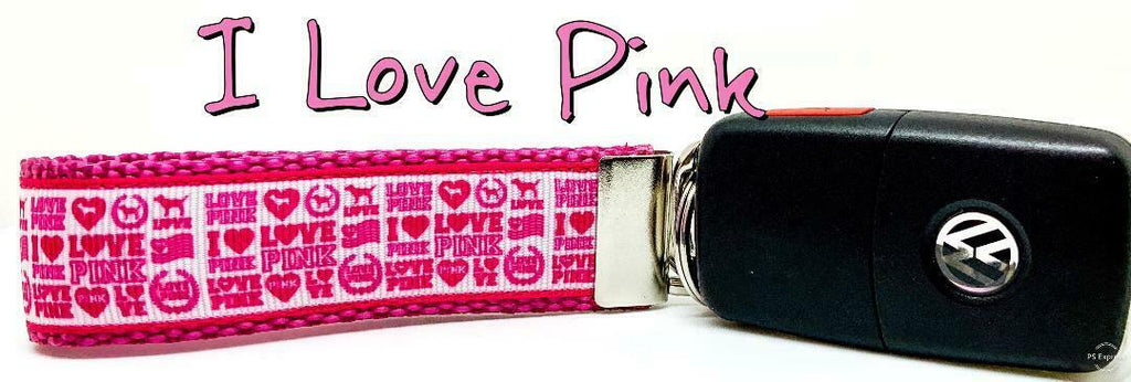 I Love Pink Key Fob Wristlet Keychain 1"wide Zipper pull Camera strap handmade - Furrypetbeds