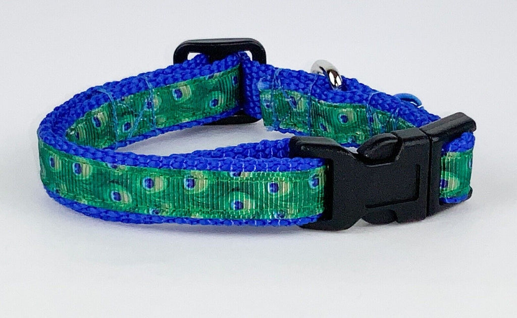 Peacock cat or small dog collar 1/2" wide adjustable handmade bell or leash