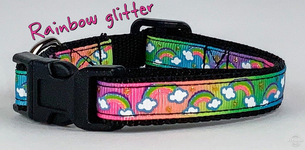 Rainbow Glitter cat or small dog collar 1/2" wide adjustable handmade bell leash