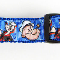 Popeye dog collar handmade, adjustable, buckle collar, 1" wide, blue or leash