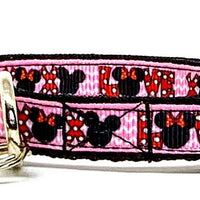 Minnie Mouse cat & small dog collar 1/2" wide adjustable handmade bell or leash