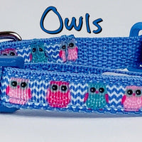 Owls cat or small dog collar 1/2" wide adjustable buckle handmade bell or leash Petcollarshandmade