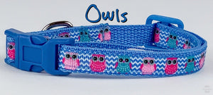 Owls cat or small dog collar 1/2" wide adjustable buckle handmade bell or leash Petcollarshandmade