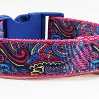 Paisley dog collar handmade adjustable buckle collar 1"wide or leash pink blue - Furrypetbeds