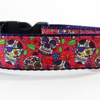 Sugar Skulls dog collar handmade adjustable buckle collar 1" wide or leash Petcollarshandmade