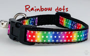 Rainbow dots cat or small dog collar 1/2" wide adjustable handmade bell or leash Petcollarshandmade