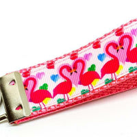 Pink Flamingo Key Fob Wristlet Keychain 1"wide Zipper pull Camera strap handmade