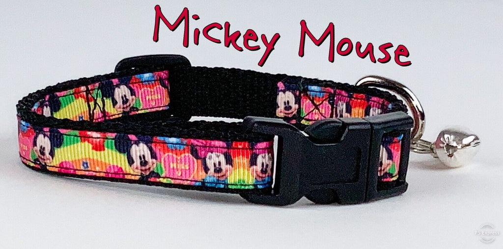 Mickey Mouse cat or small dog collar 1/2" wide adjustable handmade bell or leash