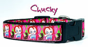Chucky dog collar handmade adjustable buckle 1" wide or leash Horror pink Petcollarshandmade