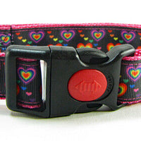 Rainbow Hearts dog collar handmade adjustable buckle collar 1" wide leash fabric - Furrypetbeds