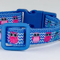 Owls cat or small dog collar 1/2" wide adjustable buckle handmade bell or leash Petcollarshandmade