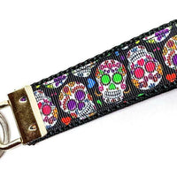 Sugar Skulls Key Fob Wristlet Keychain 1"wide Zipper pull Camera strap handmade - Furrypetbeds