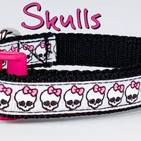 Skulls cat or small dog collar 1/2" wide adjustable handmade bell or leash