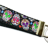 Sugar Skulls Key Fob Wristlet Keychain 1"wide Zipper pull Camera strap handmade - Furrypetbeds